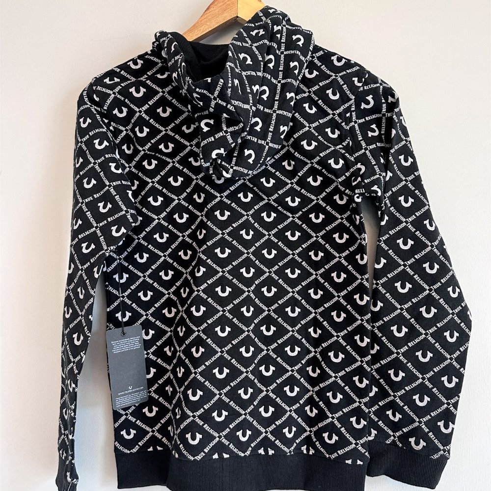 True Religion New Black & White Logo-Print Full Zip-Up Hoodie Youth MEDIUM - Picture 7 of 9
